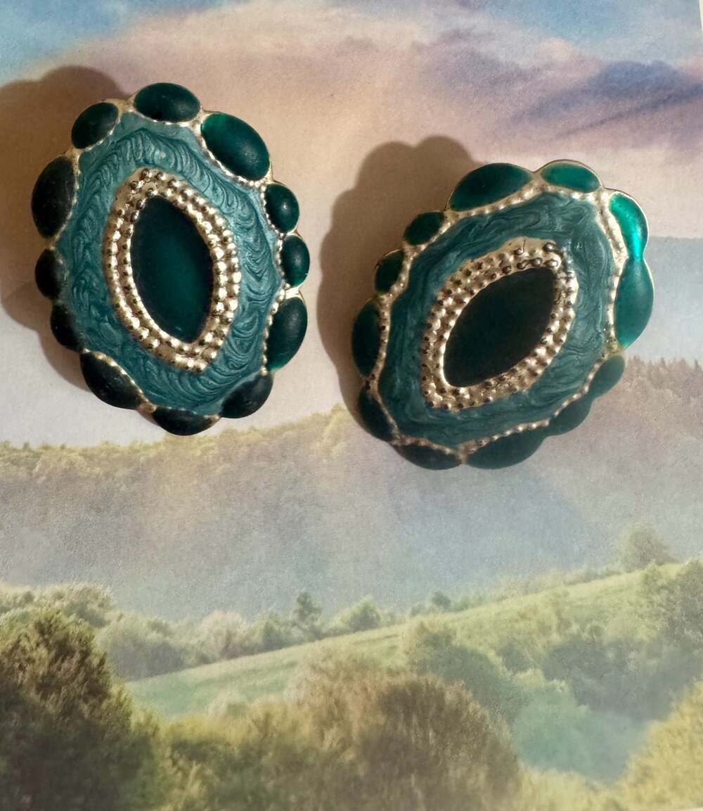 Vintage Chunky Oval Green Enamel and Silver Tone Stud Earrings